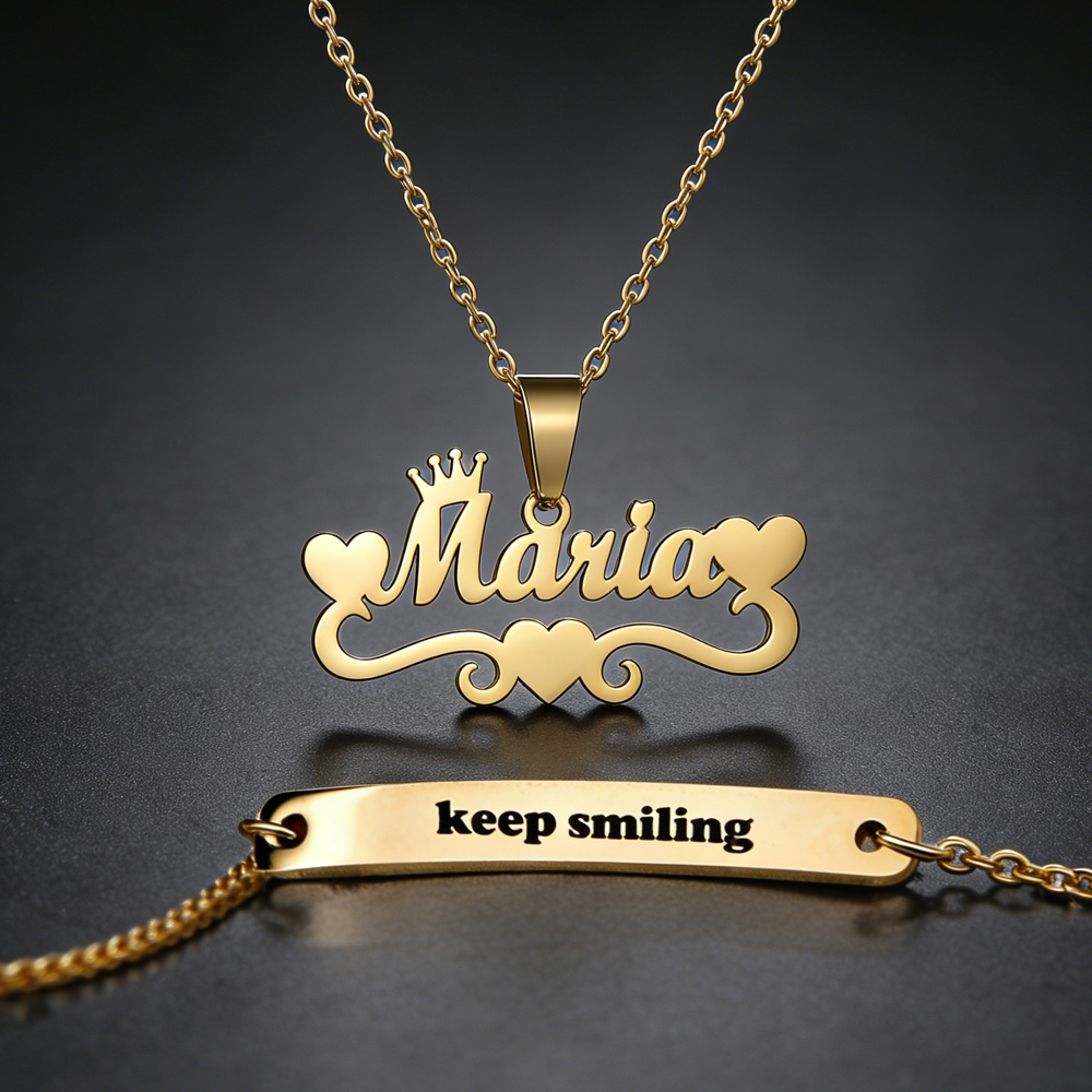 Engraved Name Necklace - Nome personalizado coração colar pulseira conjunto